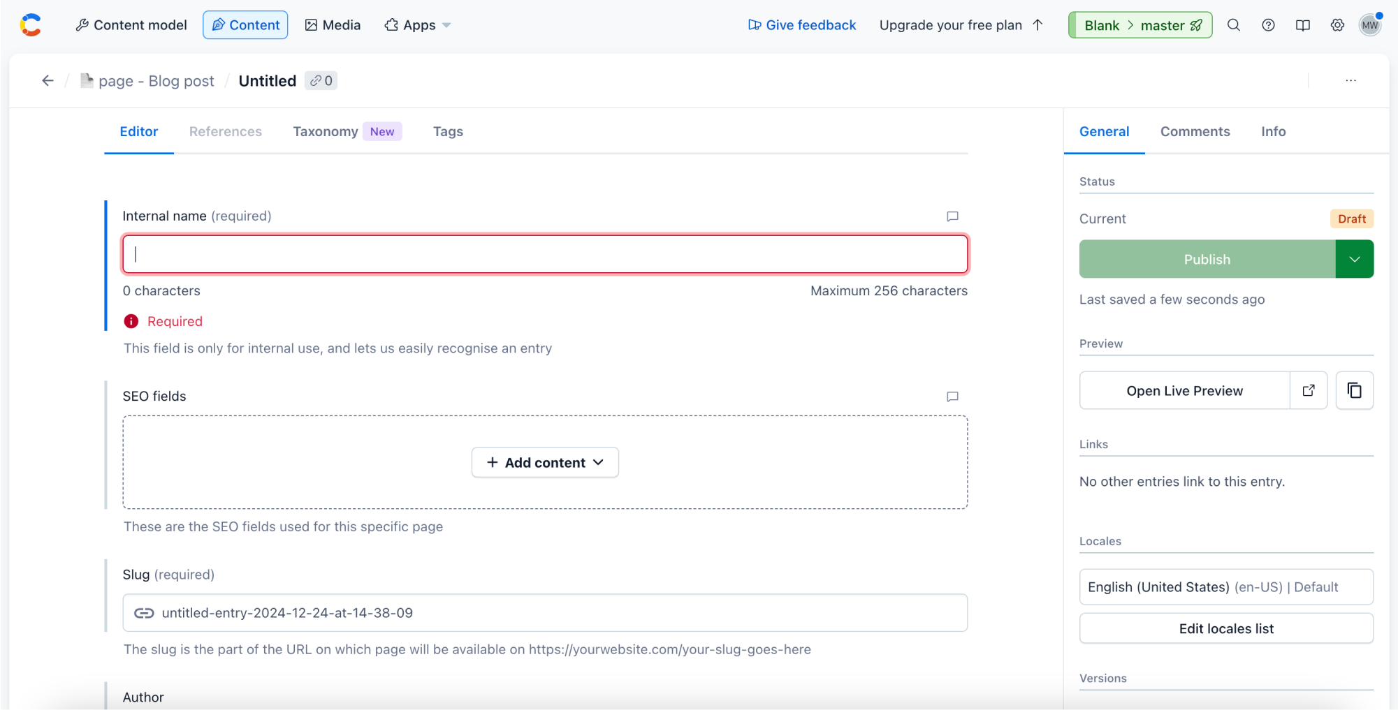 Contentful New Article Interface